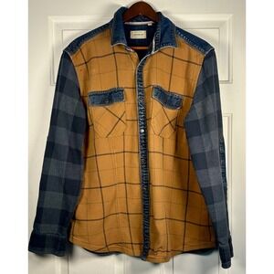 Jeremiah Mens XL Mixed Media Plaid Denim Workwear Shirt Jacket Mustard Charcoal